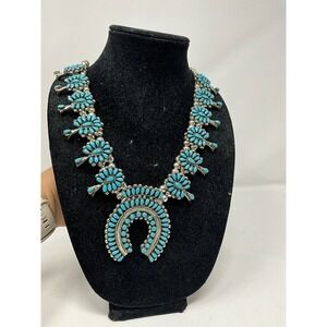 Native American Women Sterling Silver Turquise Reversible SquashBlossom Necklace